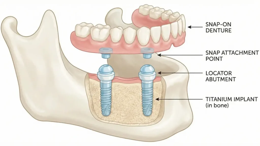 How snap-on dentures attach to dental implants diagram