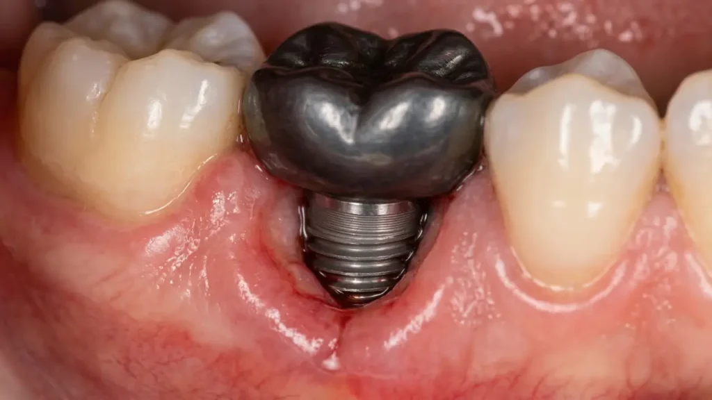 Close-up clinical photograph showing a failed dental implant with gum recession and exposed titanium screw threads.