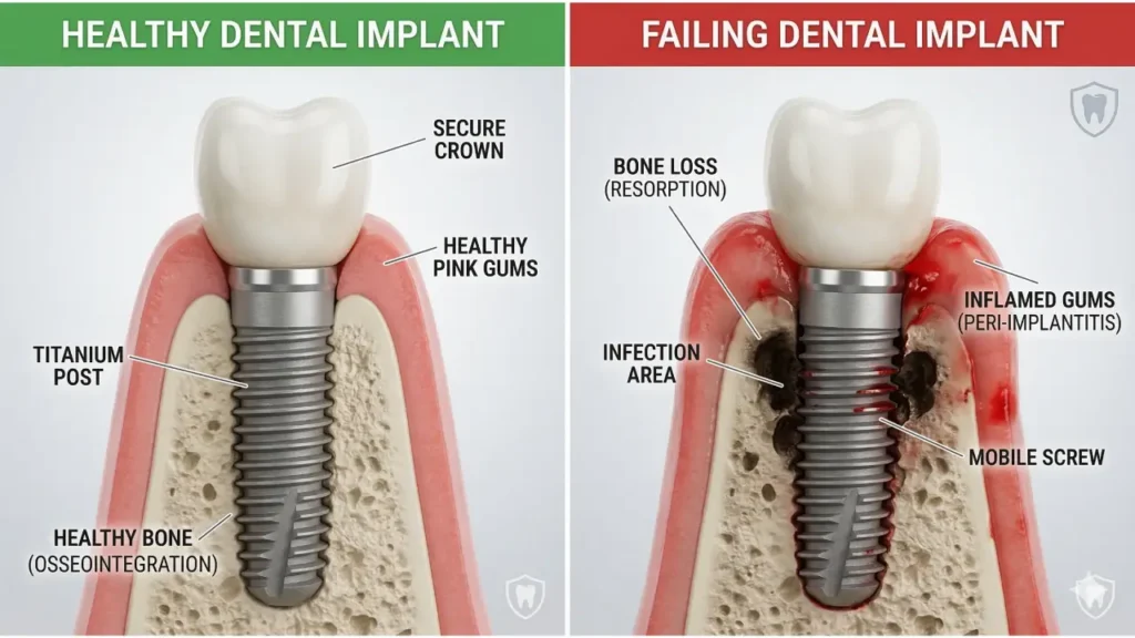 Side-by-side medical diagram comparing a healthy dental implant and a failed dental implant with bone loss and inflamed gums.