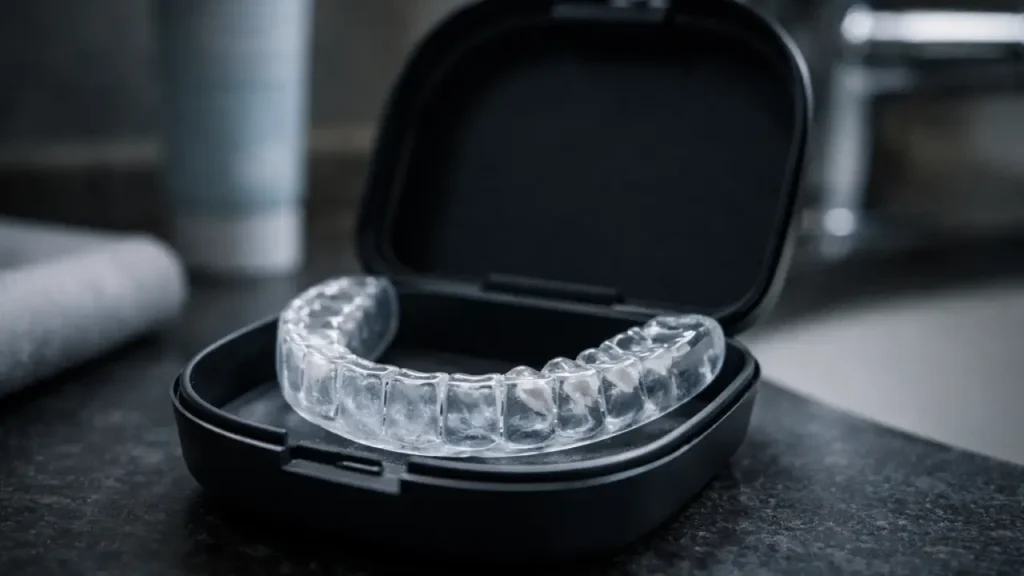 Close-up of a clear custom night guard resting inside a protective case on a bathroom countertop, representing treatment for teeth grinding and TMJ-related jaw pain.
