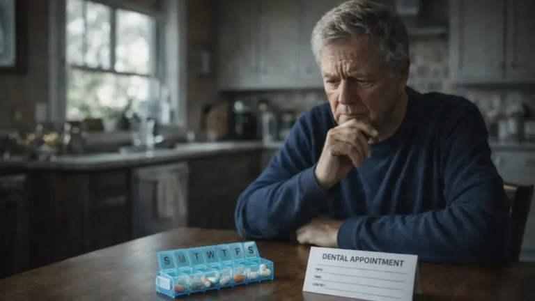 Older adult sitting at a kitchen table reviewing a daily pill organizer next to a dental appointment reminder card, representing decision-making about medications before dental treatment.