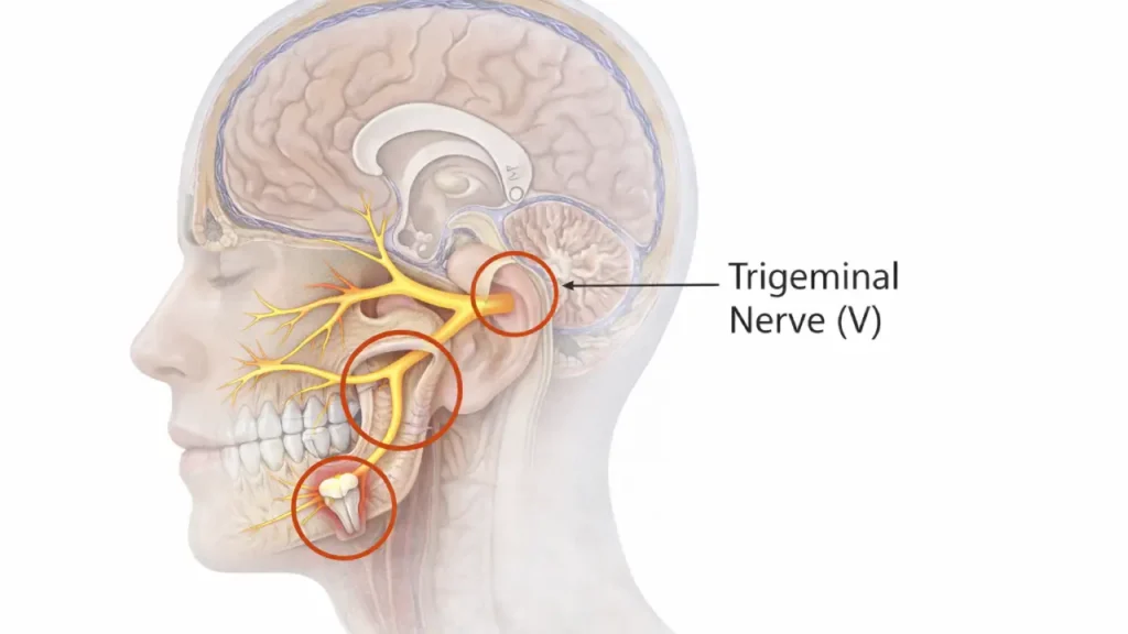 Anatomical diagram showing the location of the trigeminal nerve in the human head, illustrating its branches connecting the jaw, teeth, and ear to explain referred pain.