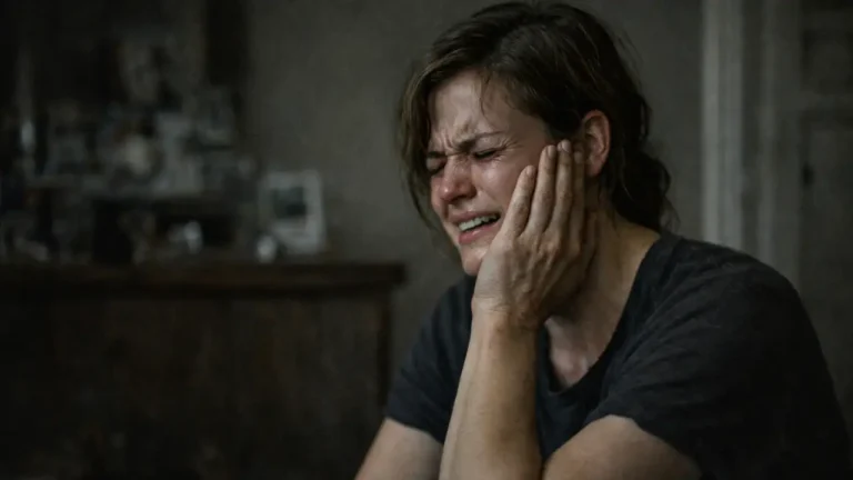 Young woman sitting indoors in a dimly lit space, pressing her jaw with her hand while expressing intense pain; soft side lighting with a blurred background in a cinematic style.
