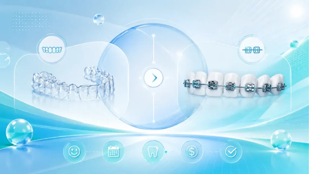 Futuristic Frutiger Aero style dental illustration comparing clear aligners and traditional braces, with glossy aqua tones, floating bubbles, clean white teeth, and minimal orthodontic icons.